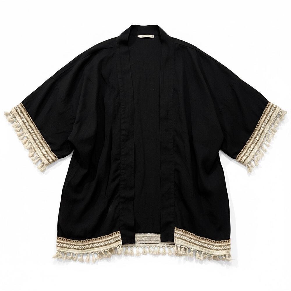 Black Linen Blend Open Front Kimono Cardigan Tassel Trim Boho S/M Indie Vacation